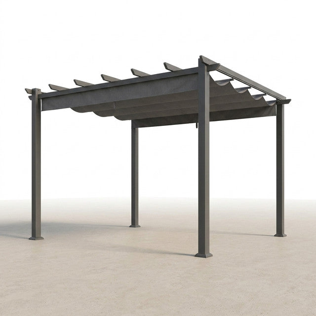 16 Ft. W X 12 Ft. D Aluminum Pergola Outdoor with Dark Gray Retractable Canopy — Studio Shot